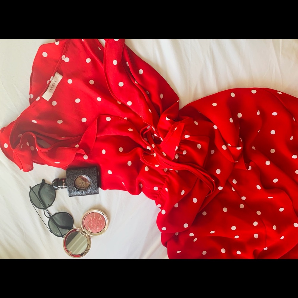 Red polka dot high low dress
